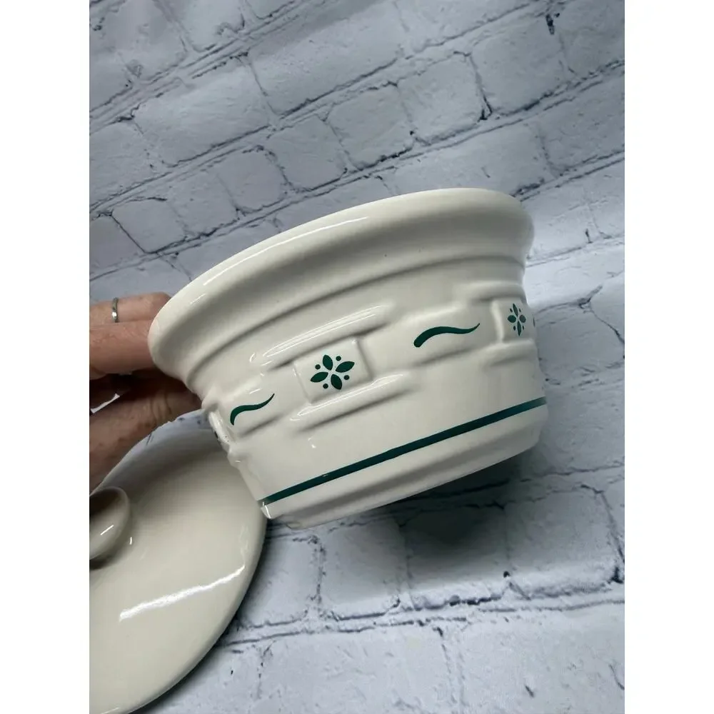 Longaberger Pottery Woven Traditions Green Ivory Butter Tub